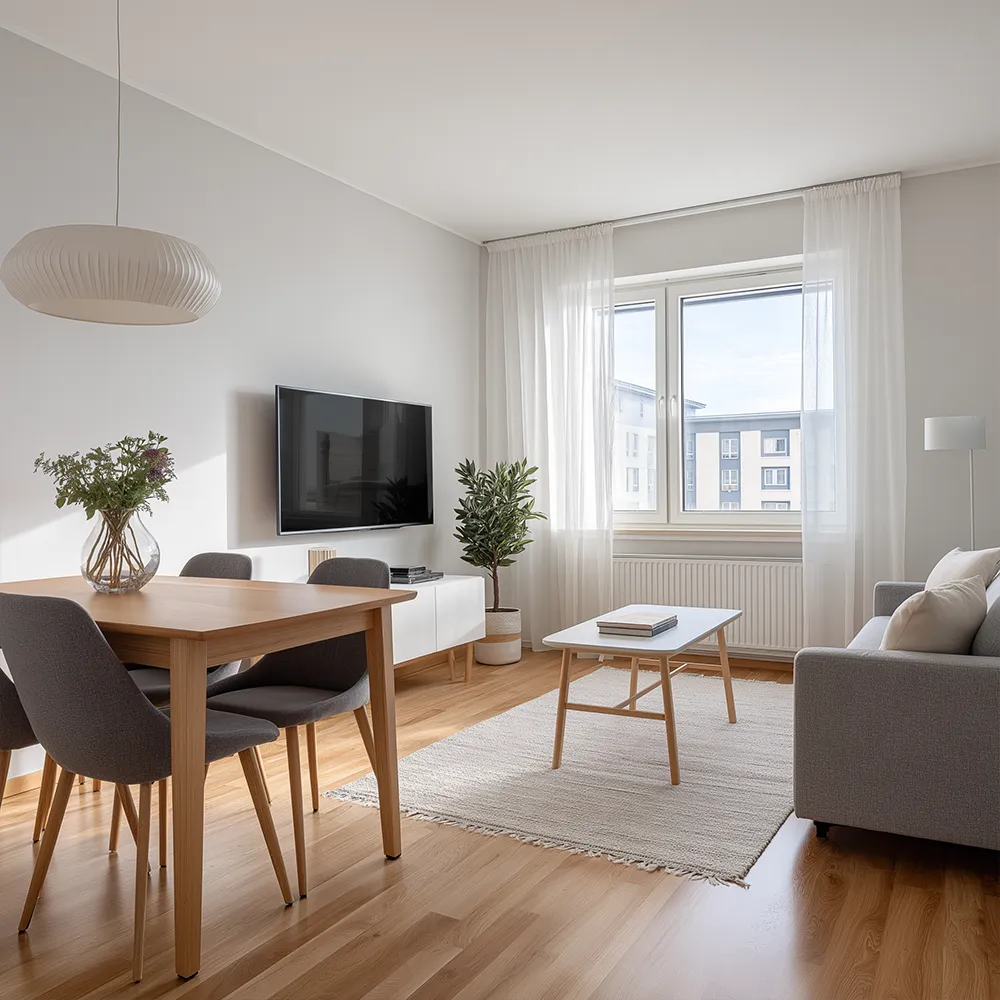 Aufenthaltsraum mit Sofa, TV und Essbereich in einer Monteurunterkunft