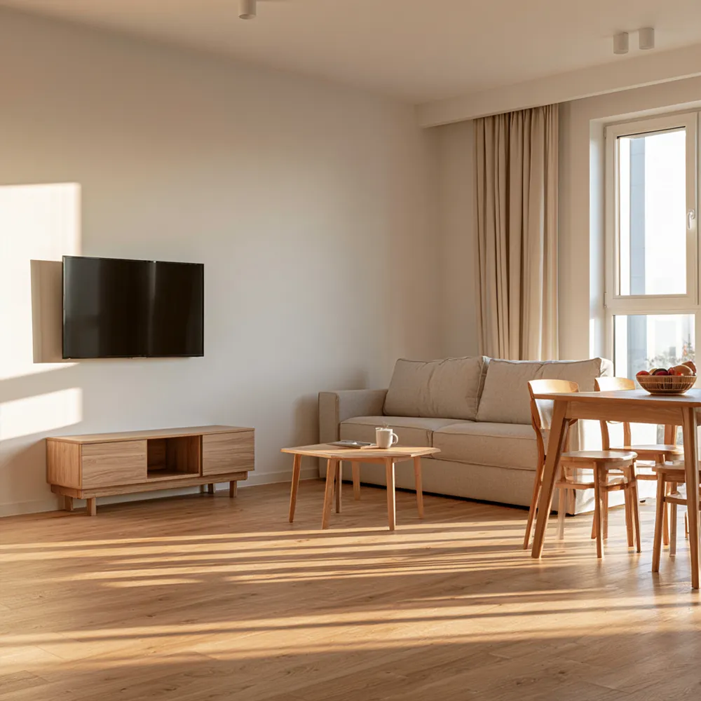 Aufenthaltsraum mit Sofa und TV in einer Monteurunterkunft in Achim