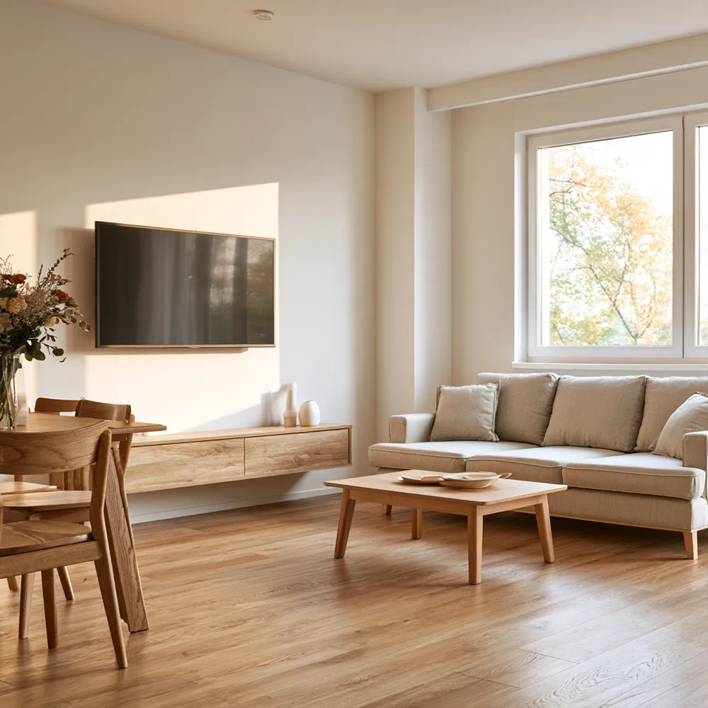 Aufenthaltsraum mit Sofa und TV in einer Monteurunterkunft in Berne