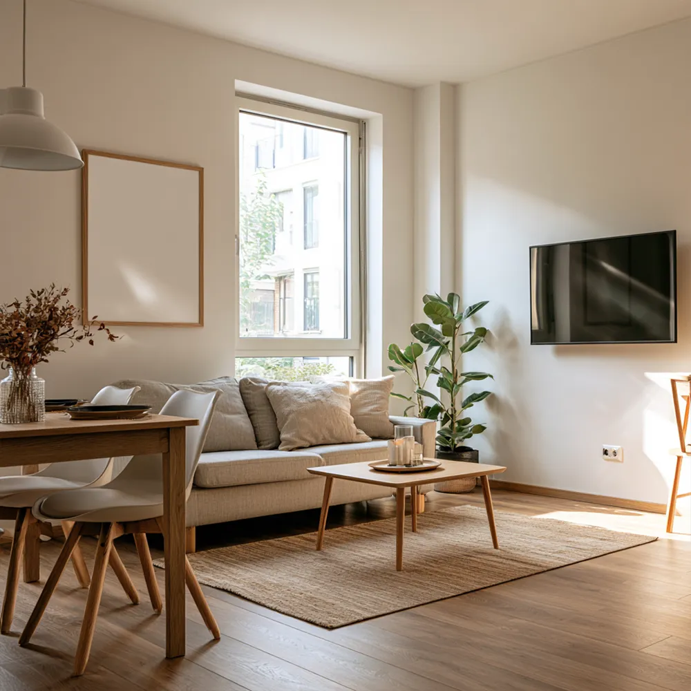 Aufenthaltsraum mit Sofa und TV in einer Monteurunterkunft in Beverstedt