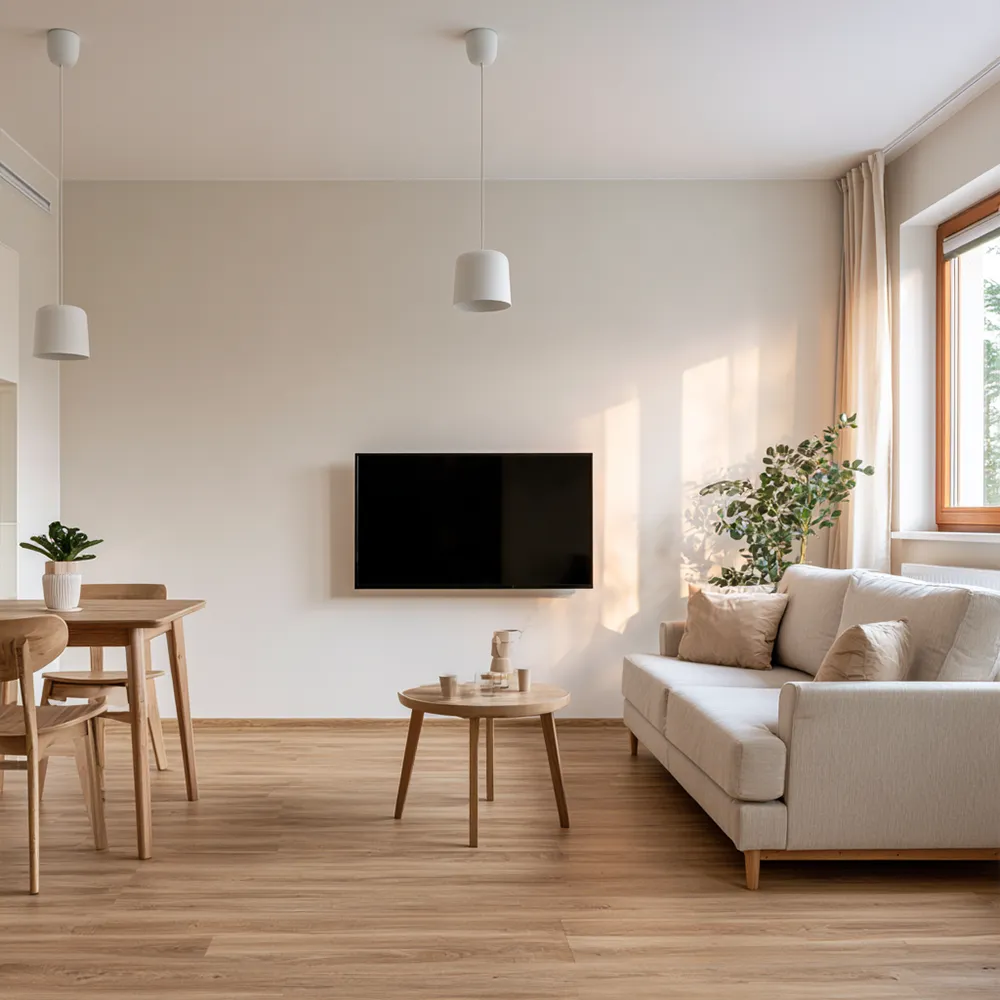 Aufenthaltsraum mit Sofa und TV in einer Monteurunterkunft in Brake an der Unterweser