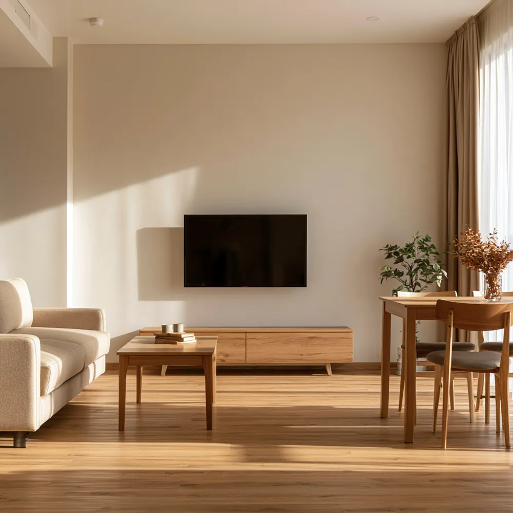 Aufenthaltsraum mit Sofa und TV in einer Monteurunterkunft nahe den Bremer Industriehäfen
