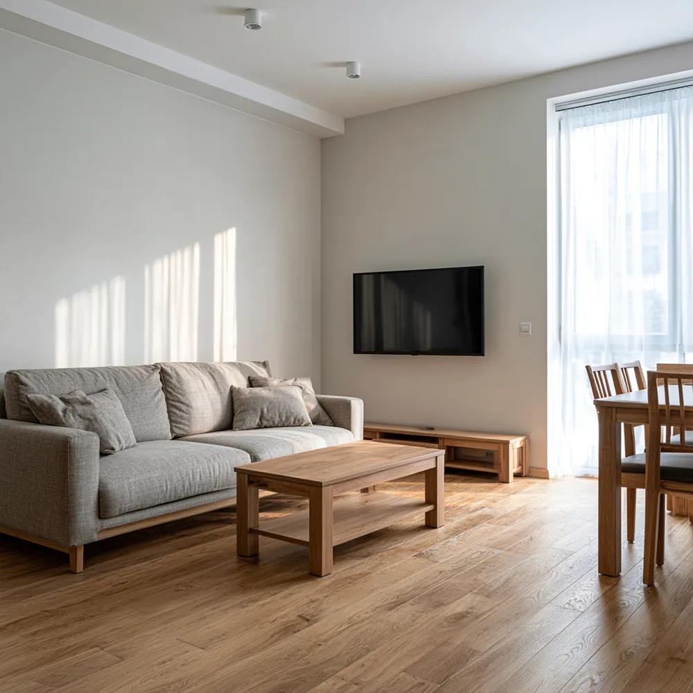 Aufenthaltsraum mit Sofa und TV in einer Monteurunterkunft in Bremen-Nord