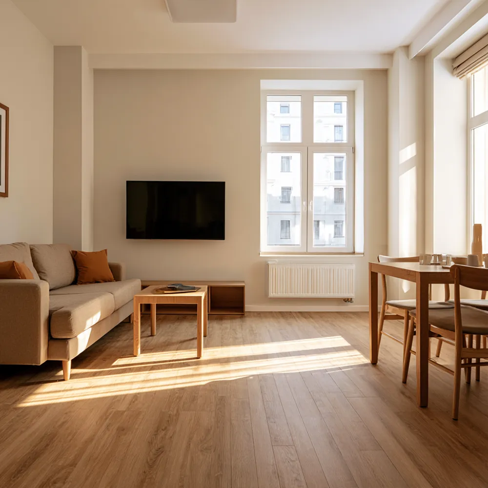 Aufenthaltsraum mit Sofa und TV in einer Monteurunterkunft in Bremen-Sebaldsbrück