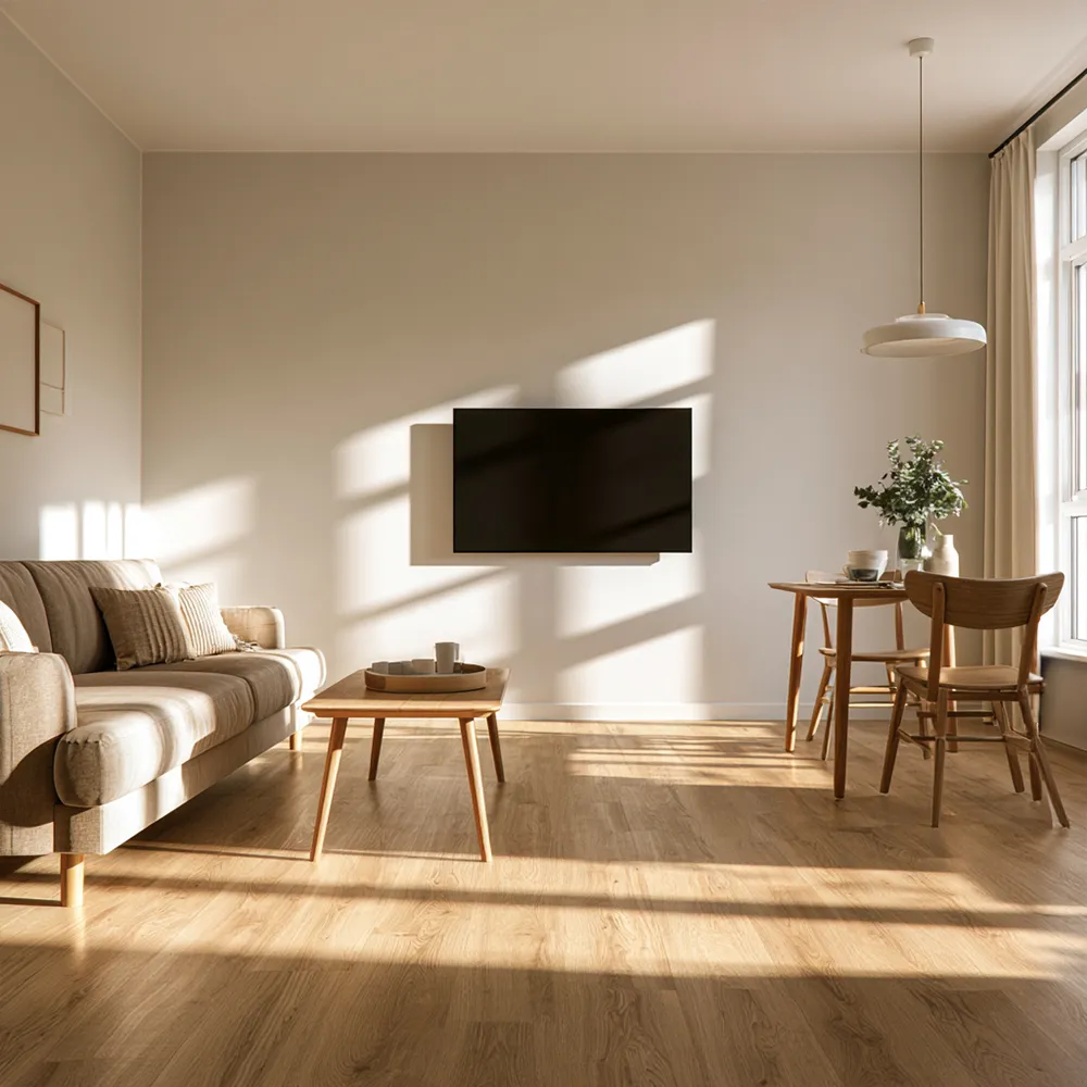 Aufenthaltsraum mit Sofa und TV in einer Monteurunterkunft in der Bremer Überseestadt