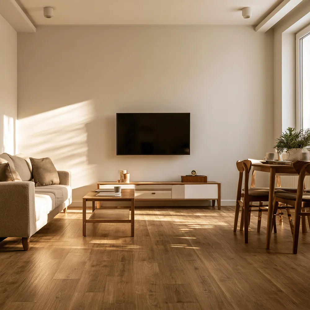 Aufenthaltsraum mit Sofa und TV in einer Monteurunterkunft in Bremerhaven
