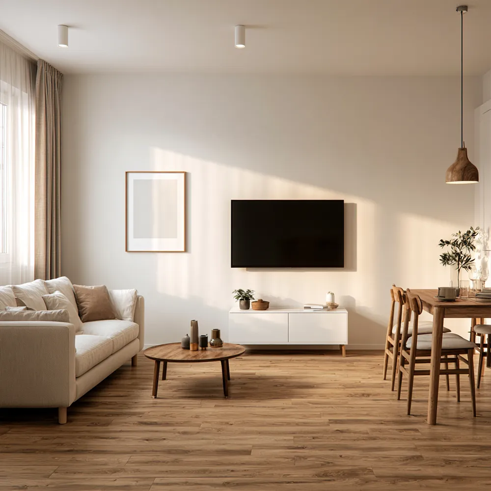 Aufenthaltsraum mit Sofa und TV in einer Monteurunterkunft in Cuxhaven