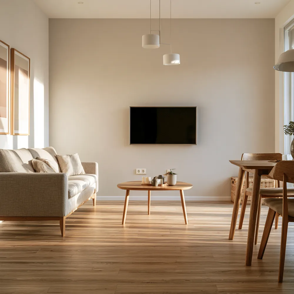 Aufenthaltsraum mit Sofa und TV in einer Monteurunterkunft in Dörpen