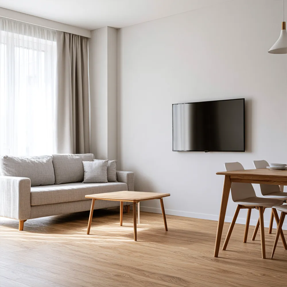 Aufenthaltsraum mit Sofa und TV in einer Monteurunterkunft in Flensburg