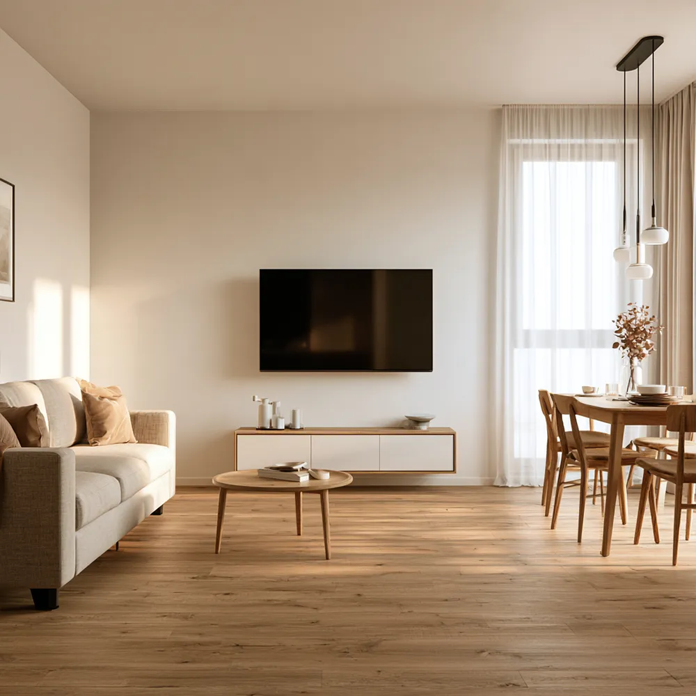 Aufenthaltsraum mit Sofa und TV in einer Monteurunterkunft in Ganderkesee