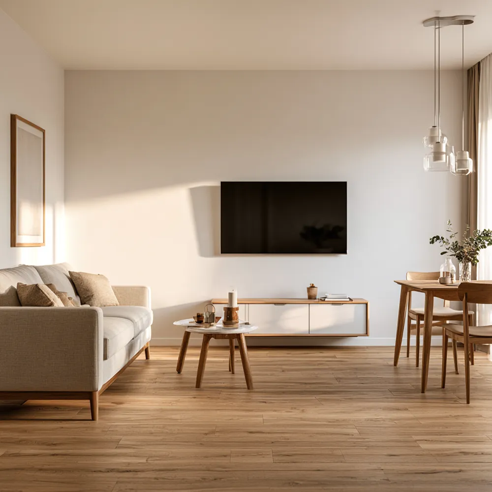 Aufenthaltsraum mit Sofa und TV in einer Monteurunterkunft in Hude
