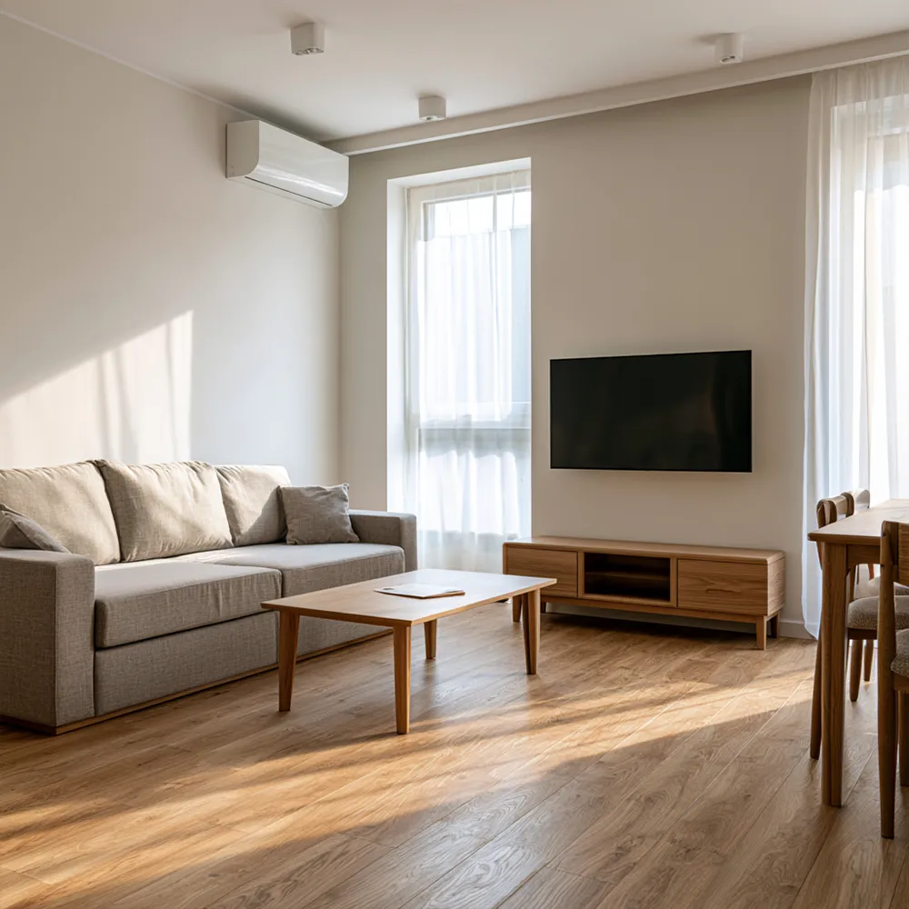 Aufenthaltsraum mit Sofa und TV in einer Monteurunterkunft in Leer in Ostfriesland