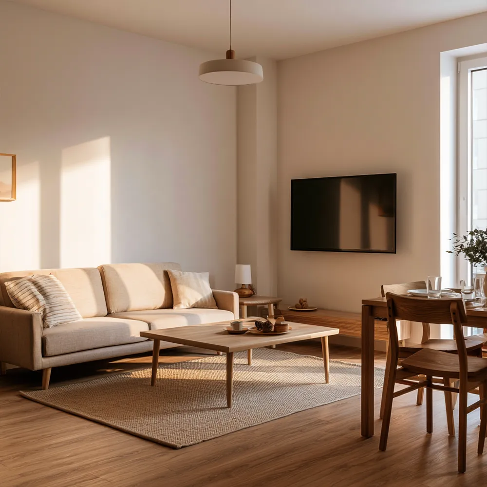 Aufenthaltsraum mit Sofa und TV in einer Monteurunterkunft in Lemwerder