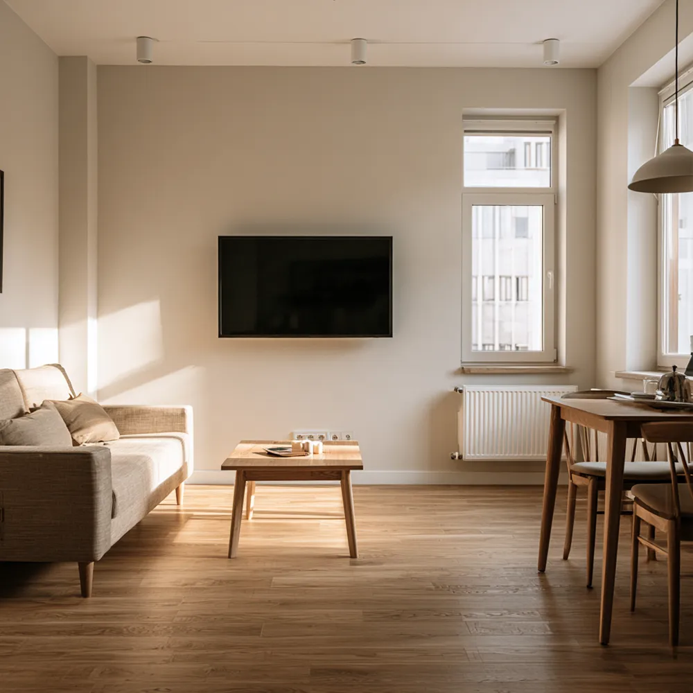 Aufenthaltsraum mit Sofa und TV in einer Monteurunterkunft in Lilienthal