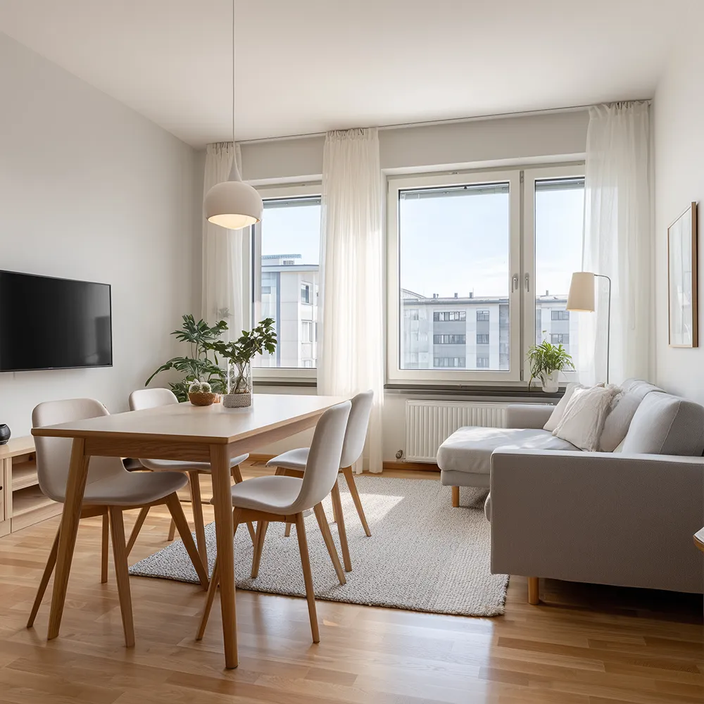 Aufenthaltsraum mit Sofa, TV und Essbereich in einer Monteurunterkunft in Norddeutschland