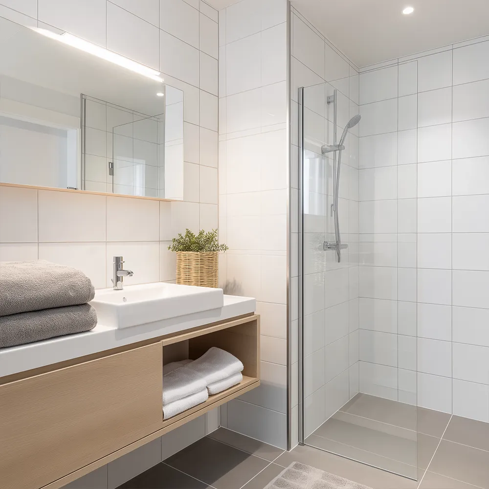 Modernes eigenes Bad mit Dusche in einer Monteurunterkunft in Norddeutschland