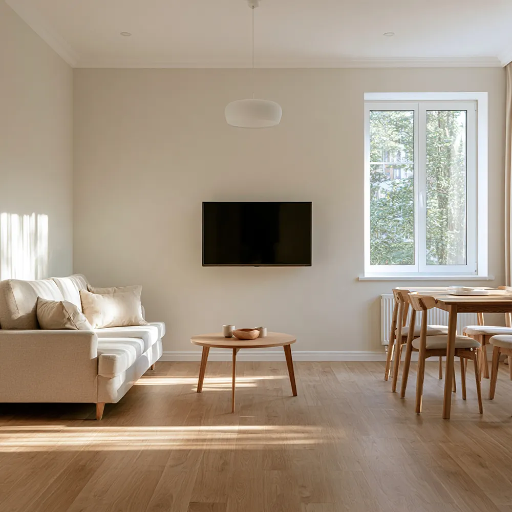 Aufenthaltsraum mit Sofa und TV in einer Monteurunterkunft in Nordenham