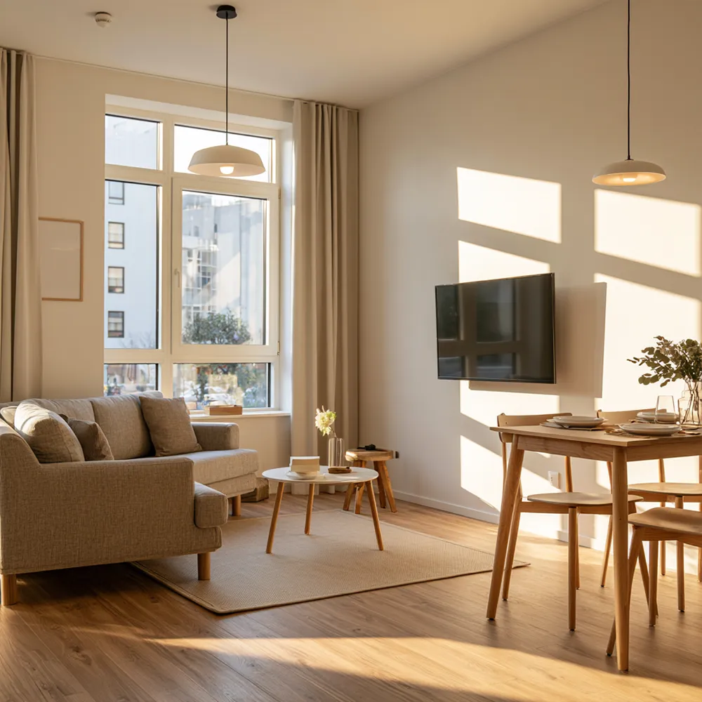 Aufenthaltsraum mit Sofa und TV in einer Monteurunterkunft in Oyten
