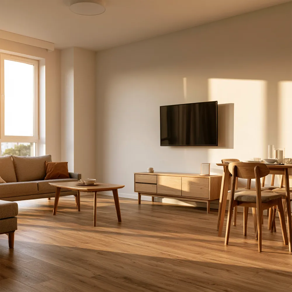 Aufenthaltsraum mit Sofa und TV in einer Monteurunterkunft in Papenburg