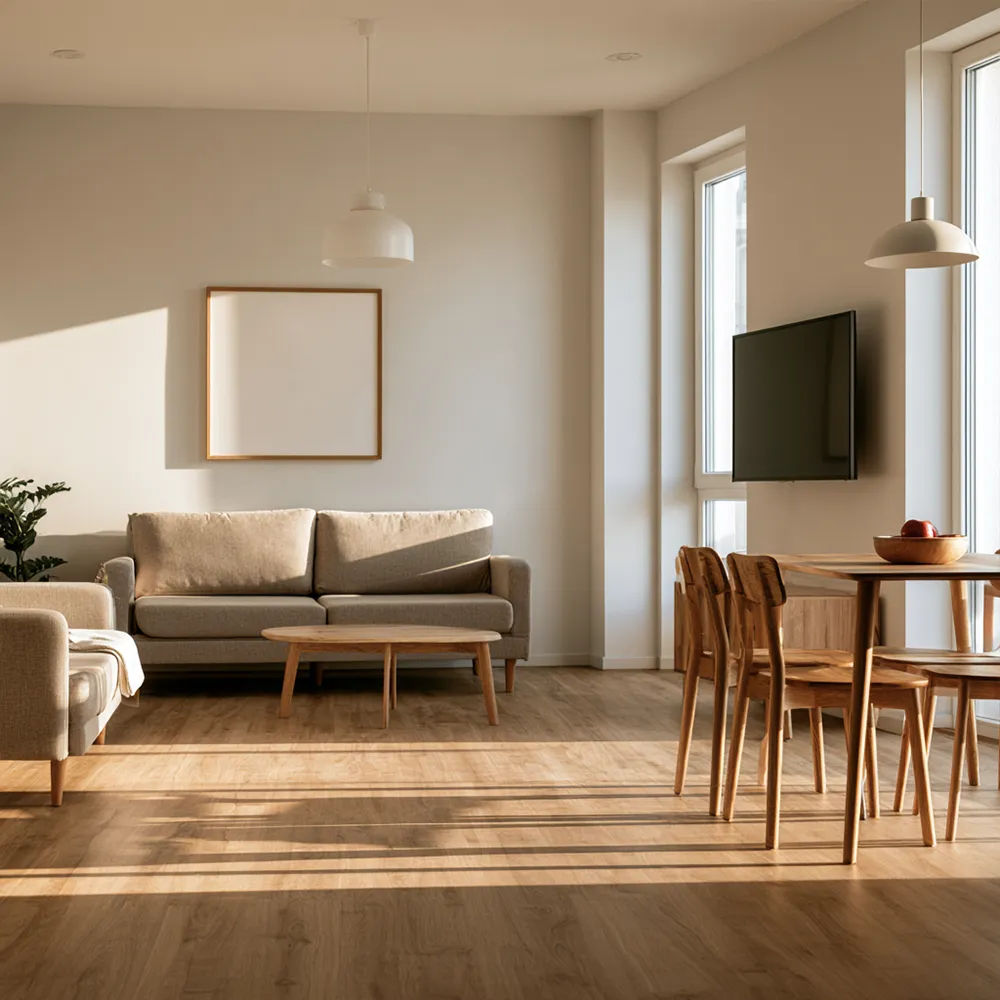 Aufenthaltsraum mit Sofa und TV in einer Monteurunterkunft in Rhauderfehn