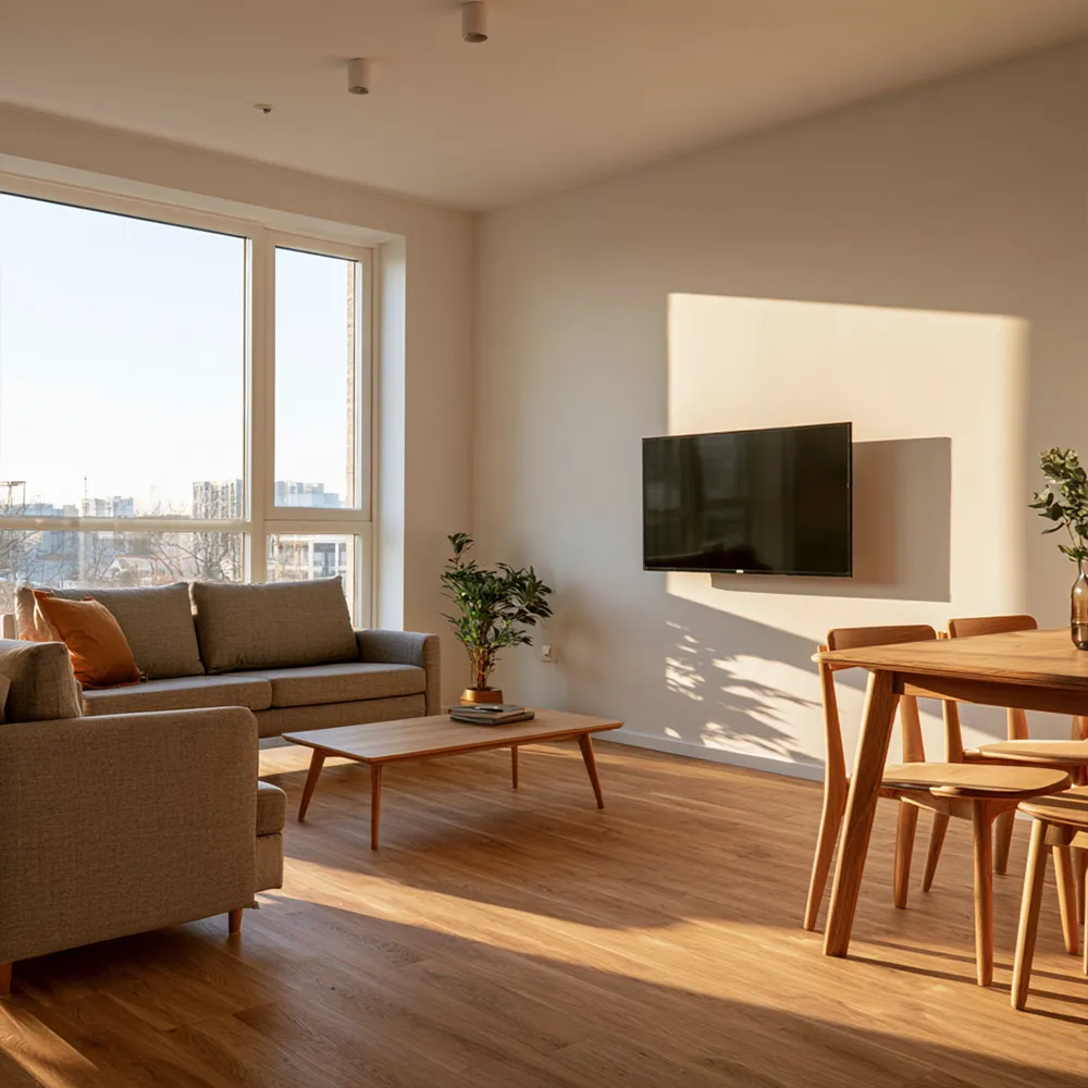 Aufenthaltsraum mit Sofa und TV in einer Monteurunterkunft in Ritterhude
