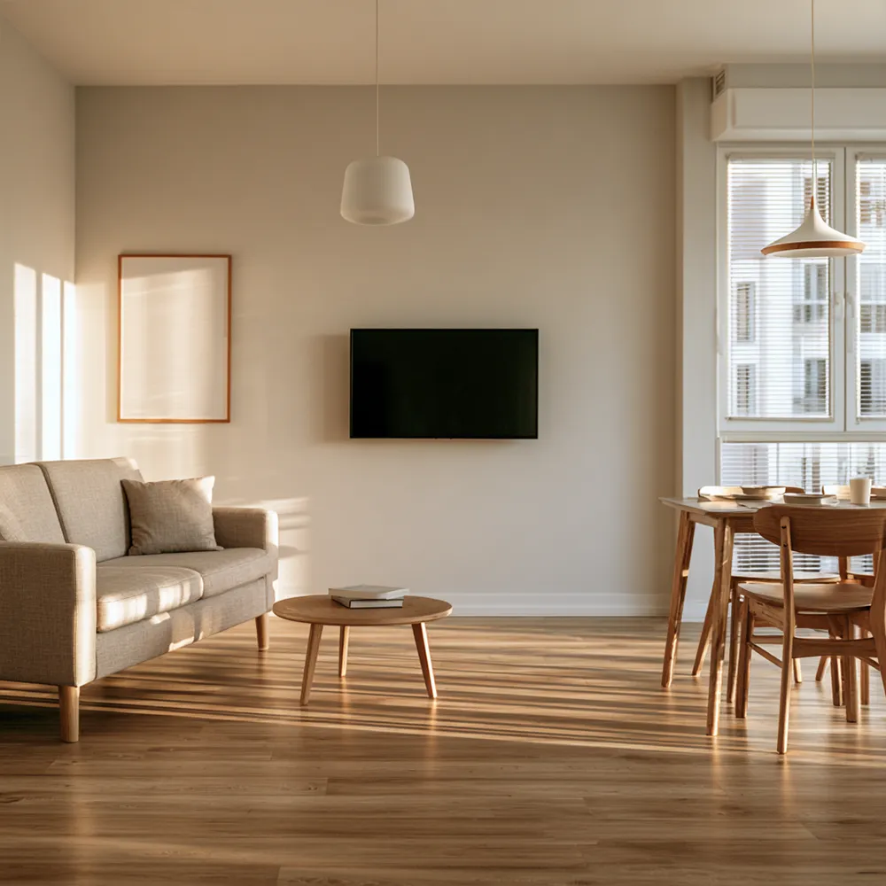 Aufenthaltsraum mit Sofa und TV in einer Monteurunterkunft in Schiffdorf bei Bremerhaven
