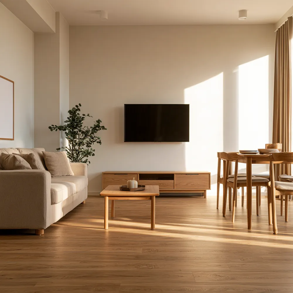 Aufenthaltsraum mit Sofa und TV in einer Monteurunterkunft in Stuhr