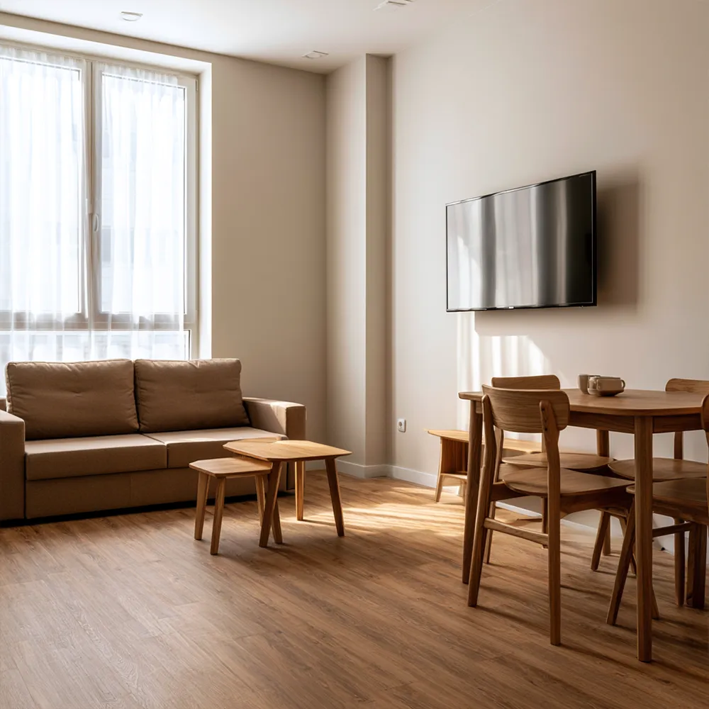 Aufenthaltsraum mit Sofa und TV in einer Monteurunterkunft in Wilhelmshaven