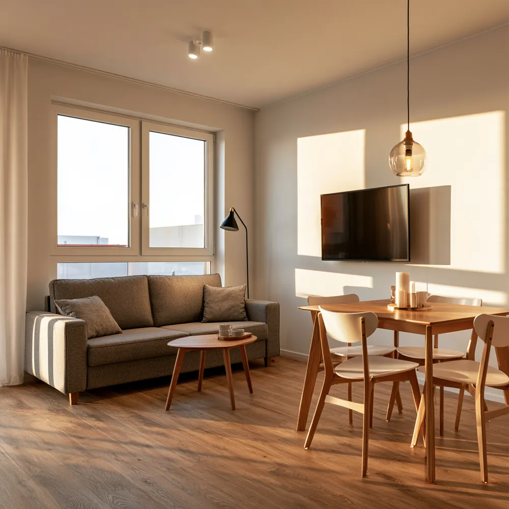 Aufenthaltsraum mit Sofa und TV in einer Monteurunterkunft in Wilhelmshaven nahe dem JadeWeserPort